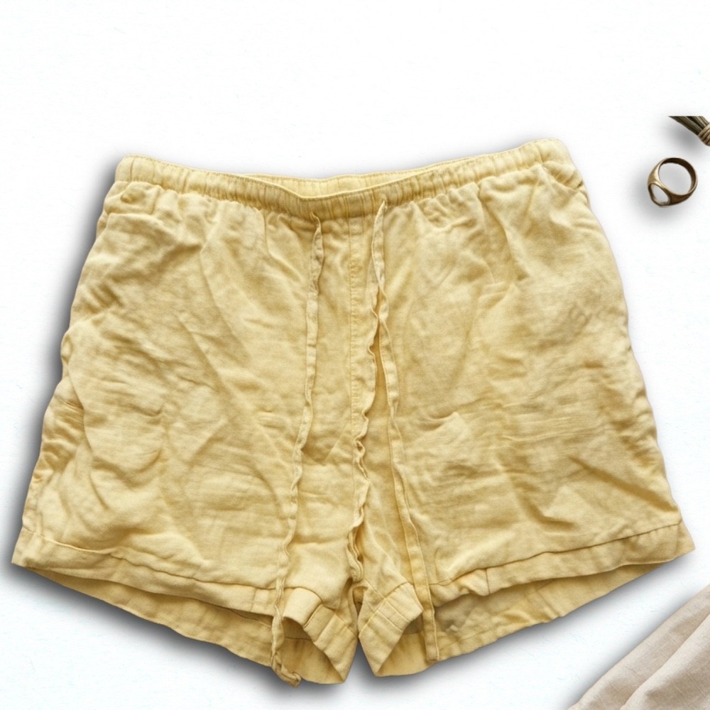 Calypso St Barth Yellow Linen Shorts Embroidered Palm Tree Elastic Waist Medium